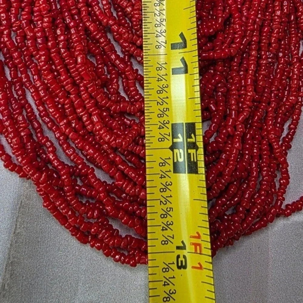 Vintage‎ Red Multi Strand Seed Bead Elephant Carved Statement Necklace Boho
